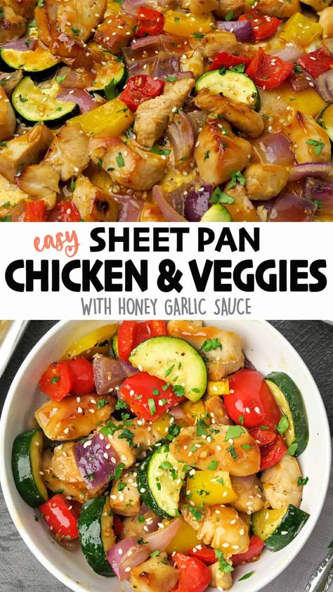 Forget the hassle of skewering, with this amazing Sheet Pan Chicken and Veggies dish you can get all the flavor of kabobs without the fuss!  Not only is this meal incredibly delicious, but it is also incredibly easy to make, and cooks in under 30 minutes. The chicken is marinated in a honey garlic mixture that doubles as a sweet and savory drizzling sauce! Click for the full detailed recipe! #sheetpan #chickenrecipe #easyrecipes #kabobs #glutenfreerecipes #easyrecipes Sheet Pan Chicken And Veggies, Pan Chicken And Veggies, Easy Kabobs, Dinners Recipes, Chicken And Veggies, Chicken Veggies, Sheet Pan Chicken, Honey Garlic Sauce, Pan Dinners