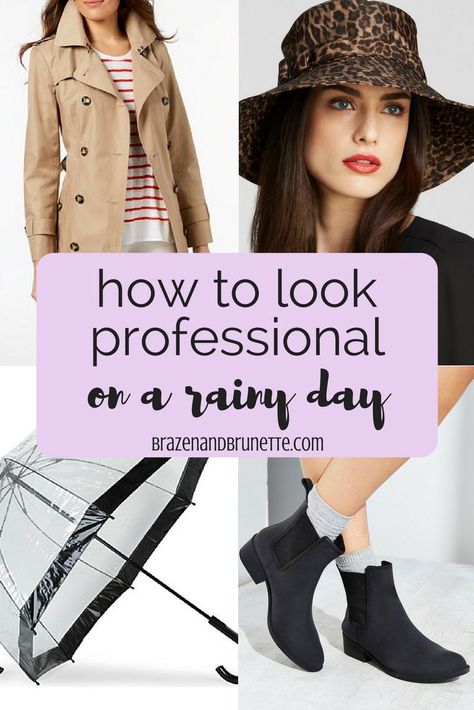 What you need to look professional when it's raining is a rain coat, an umbrella, rain boots, proper clothing, and maybe even a rain hat to keep your work outfit dry while still looking professional. how to look professional when it's raining. rainy day professional outfit. rainy work outfit inspiration. how to look professional and not get wet when it's raining | brazenandbrunette.com Cute Fall Outfits Work, Fall Rainy Day Outfits Work, Rainy Work Outfit, Fall Outfits Work, Rainy Day Work Outfit, Outfit For Rainy Day, Rainy Outfit, Rain Boot Outfit, Rainy Day Outfit For Work