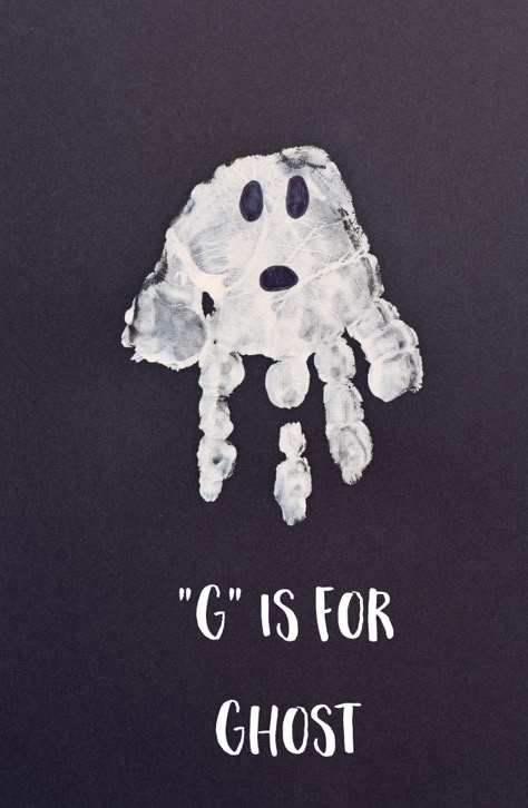 Letter G "Ghost" Handprint Art for Preschoolers October Craft For Preschool, October Craft Preschool, White Crafts For Preschoolers, Letter H Halloween Crafts For Preschoolers, Black Preschool Crafts, A Is For Craft Handprint, G Is For Handprint Craft, F Is For Handprint Craft, G Projects For Preschool