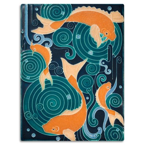 6x8 Koi Pond - Turquoise Pond Art, Motifs Art Nouveau, Japanese Theme, Art Deco Tiles, Koi Art, Motif Art Deco, Art Nouveau Tiles, Artistic Tile, Posca Art