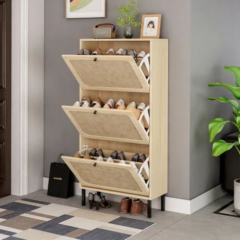 Bay Isle Home Rattan 18 Pair Shoe Storage Cabinet | Wayfair Upright Shoe Storage, Front Door Shoe Organization Entryway, Tiny Home Organization Hacks, Living Room Inspo Small Spaces, Hidden Shoe Storage Entryway, Front Door Shoe Storage Entryway, Small Apartment Aesthetic, Small Bedroom Storage Solutions, Organization For Small Spaces