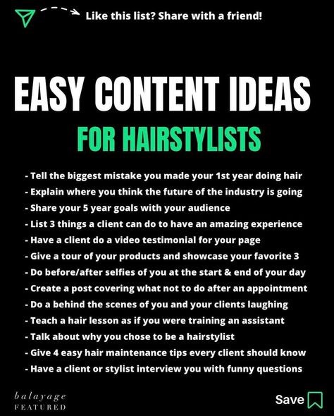 Marketing Ideas Hairstylist, Hair Page Content, Hair Business Ideas Social Media, Braider Content Ideas, Promoting Hair Business, Tips For Hairstylists, Hair Extension Social Media Posts, Hair Stylist Content Calendar, Haircare Content Ideas