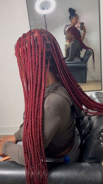 Red Knot Less Box Braids, Red Medium Knotless Braids, Red Head Braids, Small Red Knotless Braids, Chicago Braider, Knotless Red, Smedium Knotless Thigh Length Braids, Red Knotless Box Braids, Red Knotless Braids