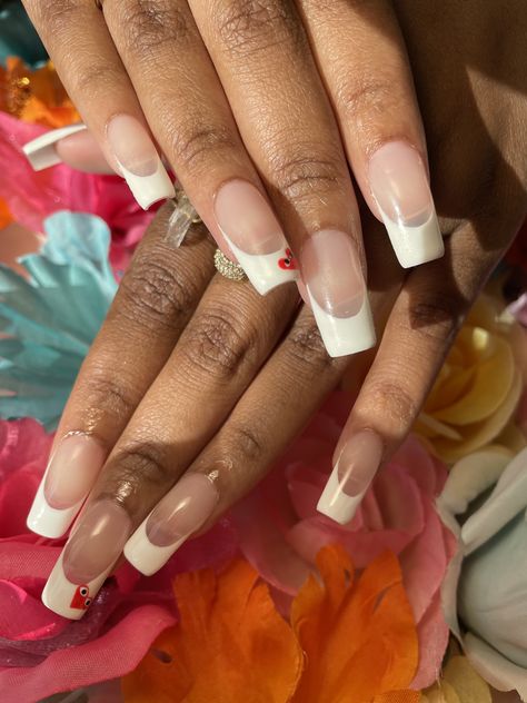 French Tip With Heart On Ring Finger, Acrylics For Summer, French Tip With Heart Design, French Manicure With Heart, White French Tip Nails Square, French Tips With Heart, French Tips With Design, French Tip With Heart, French Tips Designs