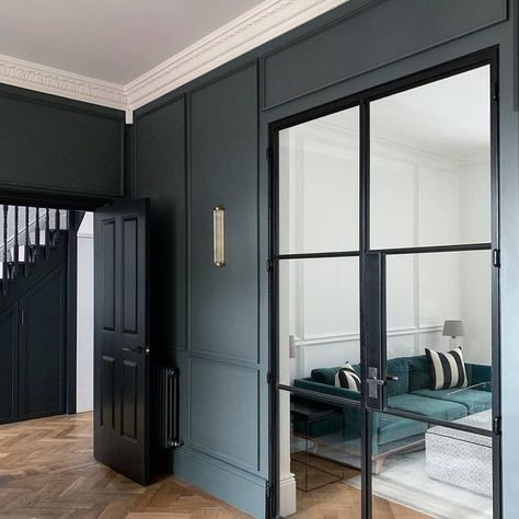 Paint & Paper Library on Instagram: “Squid Ink is elegant with dark woodwork and a strongly contrasting ceiling.  Image | @onefoureightlondon” Playroom Door, Crittal Doors, Internal Glass Doors, Paint And Paper Library, Hallway Designs, House Extensions, Internal Doors, Touch Of Class, Front Room