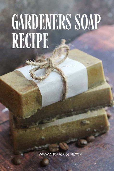 Make these easy all natural gardeners soap recipe with coffee and vanilla! Gardeners Soap Recipe, Coffee Soap Recipe, Scrub Soap Bars, Coffee And Vanilla, Homemade Lotion Bars, Goat Milk Recipes, Diy Soap Bars, Easy Soap Recipes, Solid Lotion Bars