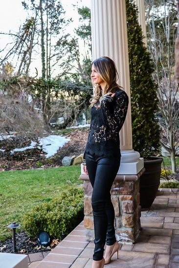 Date night look - Black lace top, coated jeans and a nude pump #ShopStyle #shopthelook #SpringStyle #MyShopStyle #WeekendLook #DateNight #GirlsNightOut #OOTD #womensfashion #outfitideas #outfits Coated Jeans Outfit Evening, Jeans Outfit Evening, Nude Pumps Outfit, Lace Top And Jeans, Cosmetology Outfits, Coated Jeans Outfit, First Date Dress, Dressy Clothes, Pumps Outfit