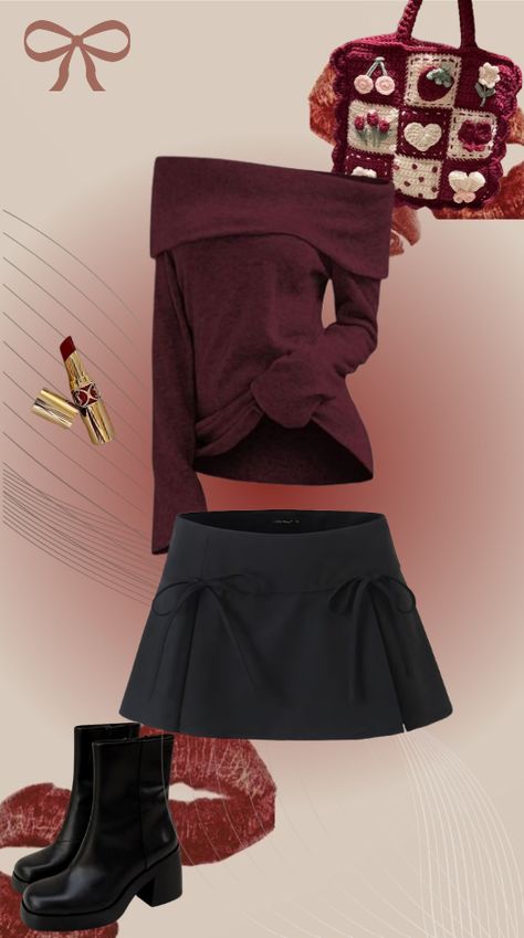 link for the top --> https://www.stylevai.com/blouses-shirts/1070-19719-foldover-off-the-shoulder-knitwear-red-wine-4q64943922.html Red Wine Outfit, Autumn School, Wine Outfit, Wine Shirt, Autumn School Outfit, Wine Shirts, Red Outfit, School Outfit, Shirt Outfit