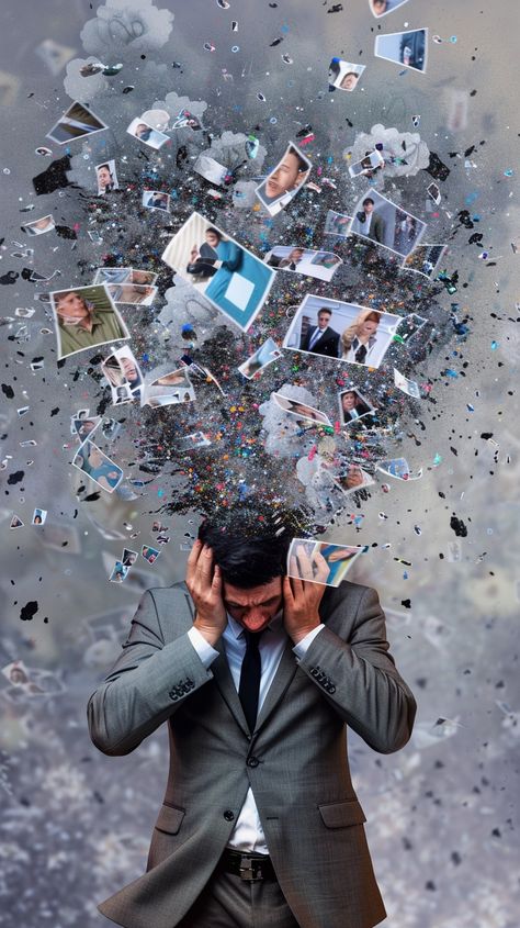 "Information Overload Concept: A #businessman appears overwhelmed by a chaotic burst of photos and #objects around him. #mentalhealth #pressure #technology #digitalart #artificialintelligence ⬇️ Download and 📝 Prompt 👉 https://stockcake.com/i/information-overload-concept_555435_842203". Chaotic Images, A Man In A Suit, Green Scenery, Man In A Suit, Today Images, Information Overload, Image Downloads, Image Hd, Baby Cats