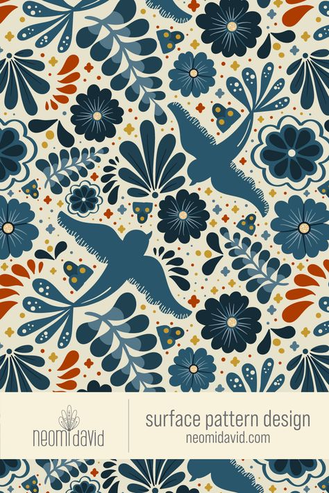 Mexican folk art inspired pattern design. Bird illustration. Pattern wallpaper. Pattern aesthetic. Mexian style. Pattern illustration. Visit my site to see the hole Mexican Talavera pattern collection. #surfacepatterninspiration #surfacepatterndesignportfolio #graphicdesign #birds Spanish Fabric Pattern, Blue Mexican Aesthetic, Mexican Bird Art, Talavera Art Mexican Style, Mexican Inspired Wallpaper, Mexican Illustration Design, Luxe Moodboard, Mexican Pattern Design, Mexican Design Pattern