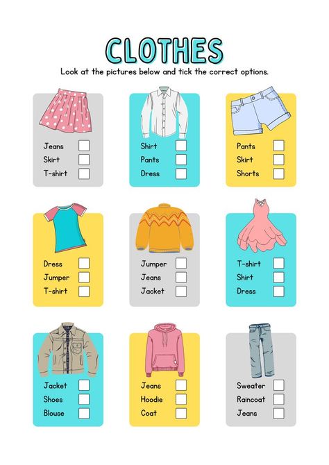 Clothes Look and Tick Handout Clothes Worksheets For Kids Activities, Clothes Activities For Kids, Esl Clothes, Teach English To Kids, English Worksheets For Kindergarten, Study English Language, English Teaching Materials, English Activities For Kids, English Exercises