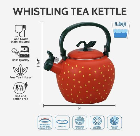 Isn't this strawberry tea kettle the cutest thing?! Perfect for a maximalist kitchen. Low Boil, Kettle Kitchen, Maximalist Kitchen, Stovetop Kettle, Strawberry Tea, Whistling Tea Kettle, Strawberry Decorations, Water Kettle, Free Tea