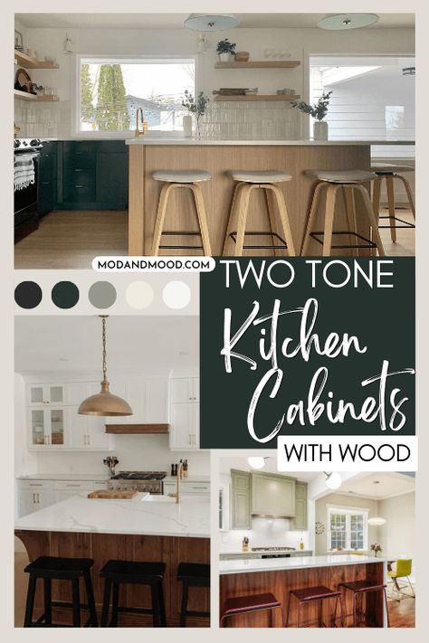 Stylish Two Tone Kitchen Ideas Featuring Wood Cabinets - Mod & Mood Kitchen Wood And Color Cabinets, White And Wood Two Tone Kitchen, Kitchen Island Two Tone, Painted Lower Cabinets Wood Upper, White And Stained Kitchen Cabinets, Wood And Painted Kitchen Cabinets, 3 Tone Kitchen Cabinets, Blue And Wood, Two Toned Kitchen Cabinets