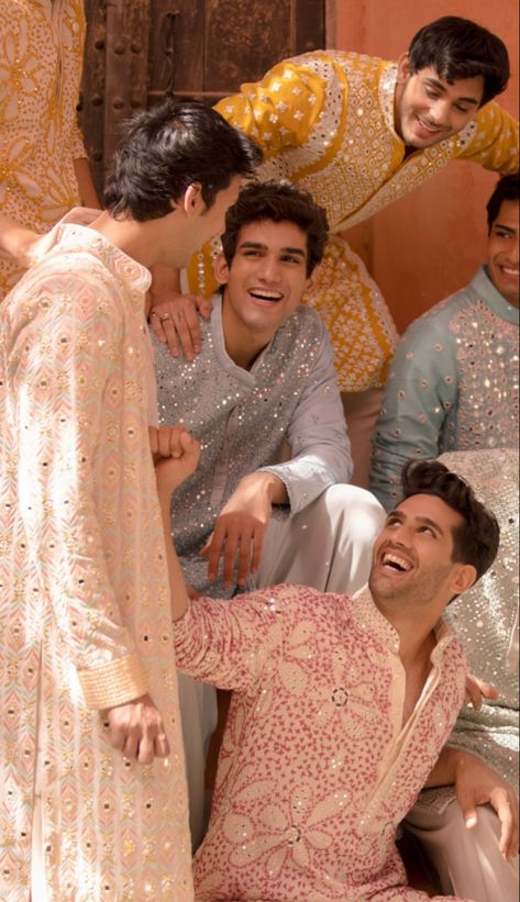 Kurta, Abhinav, Mishra, Indian, Pakistani, Sherwani, Mens Fashion, Men, Pastel Colour Kurta For Men, Abhinav Mishra Mens Wear, Mirror Work Kurta For Men, Pastel Outfit Men, Indian Groomsmen Outfits, Men Ethnic Wear India, Sangeet Outfit For Men, Indian Wedding Suits Men, Abhinav Mishra