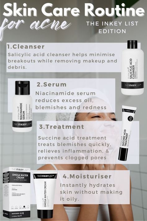 Links for products are on the Pin! 🤩 Affordable & effective acne-fighting essentials – a powerful morning-to-night routine designed to banish breakouts and boost your skin's natural glow! skincare routine, acne routine, skincare, the inkey list, inkey list products, affordable skincare, affordable skincare routine, skin care tips, skincare aesthetic, acne skincare routine, inkey list routine, skincare ideas, cleansers, serums, skin treatments, moisturisers, skincare treatments Acne Routine Skincare, List Routine, Skincare Routine Acne, Skincare Affordable, Affordable Skin Care Routine, Acne Routine, Salicylic Acid Cleanser, Skincare Ideas, Glow Skincare