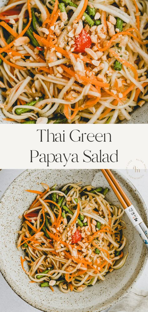 Thai Green Papaya Salad – Som Tum – is a popular Thai salad with crunchy green papaya, peanuts, and a tangy sweet-sour dressing! Learn how to make it with lots of step-by-step pictures. Paw Paw Salad Recipe, Asian Papaya Salad, Som Tum Thai, Vietnamese Papaya Salad, Som Tom Salad, Green Papaya Salad Thai, Green Papaya Recipes, Papaya Recipes Healthy, Thai Papaya Salad Recipe