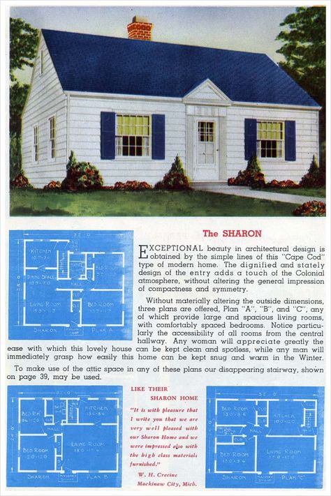 1945 Sterling Homes: The Sharon Suburban Architecture, Minimal Traditional Home, Minimal Traditional, Vintage Floor Plans, Cape Cod House Plans, Vintage Houses, Sears Catalog, Vintage Homes, Vintage House Plans