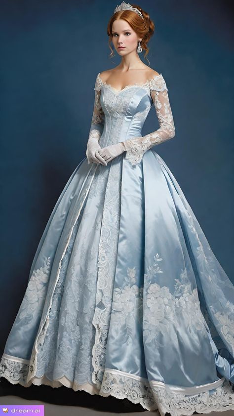 Royal Gown Aesthetic, Royal Ball Dress, Princess Dress Victorian, Blue Ball Gown Fairytale, Victorian Ball Gowns Blue, Victorian Princess Dress, Blue Victorian Ball Gown, 1800s Blue Dress, Victorian Blue Dresses With Historical Design