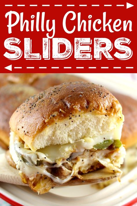 Recipe: Philly Chicken Sliders Chicken Philly Cheesesteak, Chicken Cheesesteak, Sliders Recipes Chicken, Cheesesteak Sliders, Chicken Philly, Slider Sandwiches, Chicken Sliders, Lake Food Ideas Summer, Food Ideas Summer