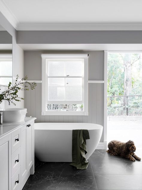 Bathroom Black Tile, Vj Panelling Bathroom, Black Tile Floors, Queenslander Interior, Panelling Bathroom, Homestead Bathroom, Laundry Styling, Hamptons Bathrooms, Queenslander Architecture