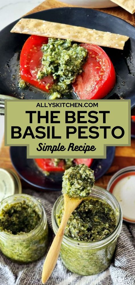 Collage of overhead shot of plate with tomato topped with basil pesto at top and overhead shot of two jars full of basil pesto at bottom. Lemon Basil Pesto, Basil Pesto Sauce, Lemon Pesto, Basil Pesto Recipes, Basil Recipes, Creamy Pesto, How To Make Pesto, Homemade Pesto, Pesto Recipe