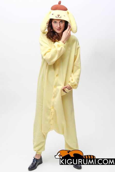 Pom Pom Purin Kigurumi Onesie Sanrio Onsies, Pompompurin Onesie, Pompompurin Costume, Kawaii Onesie, Sanrio Costumes, Whats Your Spirit Animal, Fuzzy Pajama Pants, Brown Beret, Pj Day