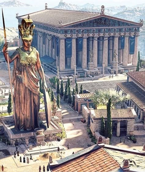 Greek City Concept Art, Statue Of Athena, Imperiul Roman, Greece Architecture, Ancient Athens, Ancient Greek City, Greek City, The Parthenon, Ancient Greek Architecture