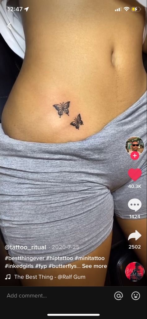 Butterflies Hip Tattoo, Tattoos Women Stomach, Lower Hip Tattoos Women, Butterflies On Stomach Tattoo, Women Lower Back Tattoos, Hip Butterfly Tattoo, Tattoo Ideas Lower Back, Butterfly Hip Tattoo, Butterfly Lower Back Tattoo