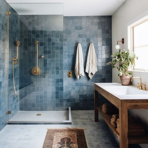 Northern Nomad Interior Design | Beautiful zellige tiles make a vivid three-dimensional bathroom wall🩵 #zellige #zelligebathroomdesign #bluebathroom #bathroomdesign... | Instagram Zellige Tile Blue Bathroom, Wood Vanity Blue Tile, Bathroom Tiling Designs, Teal Bathroom Accent Wall, Family Bathroom Blue, Aqua Board Bathroom, Blue And Gray Tile Bathroom, Sky Blue Shower Tile, Dramatic Tile Bathroom