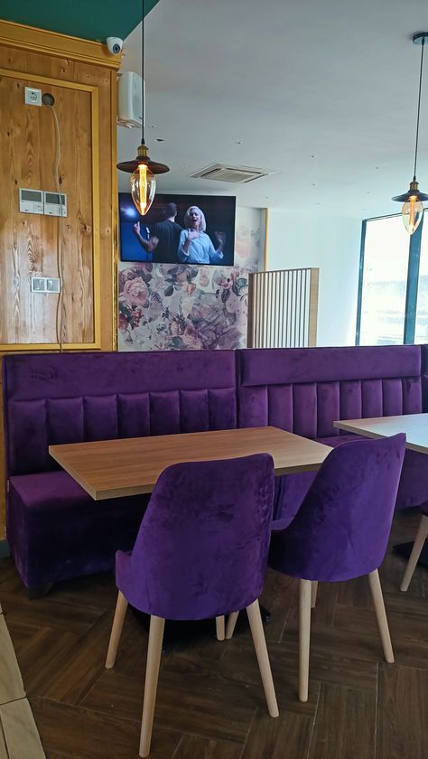 purple vibes bring happiness and joy 💜#restaurant#purple Purple Cafe Design, Purple Restaurant, Yellow Restaurant, Orange Restaurant, Cake Shop Design, Purple Cafe, Waffle Shop, Cosy Cafe, Modern Cafe