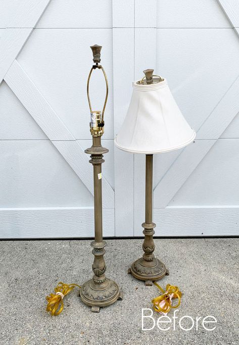 Buffet Lamps Ideas, Standing Lamp Makeover, Candlestick Lamp Makeover, Thrift Store Lamp Makeover, Diy Lamp Makeover, Bookcase Makeover, Country Lamps, Blue Spray Paint, Chalk Paint Makeover