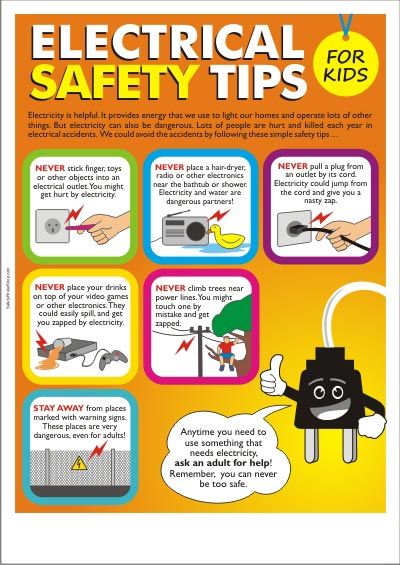 #Electrical Safety Tips For Kids by Schaffhouser Electric Co. #Electricity is helpful, but it can also be harmful to children. Electrical Safety Posters Ideas, Electrical Safety Tips, Fire Safety Poster, Electricity Poster, Teaching Safety, Safety Rules For Kids, Safety Topics, Health And Safety Poster, Fire Safety Tips