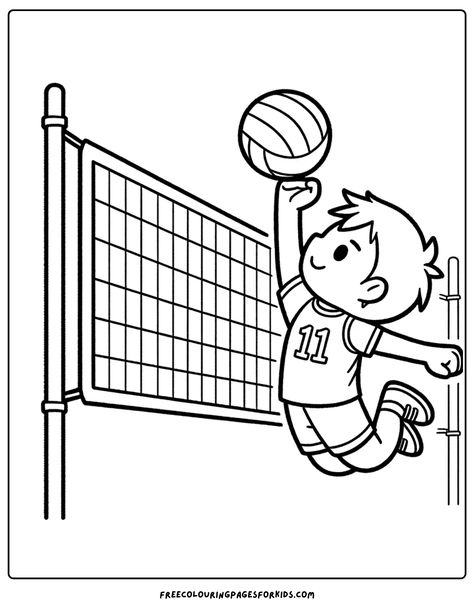 A player leaps to spike the ball over the net Volleyball Cartoon Drawing, Volleyball Coloring Pages, Volleyball Crafts, Volleyball Drawing, Memory Drawing, Sports Coloring Pages, Free Kids Coloring Pages, Kid Coloring Page, Kids Memories