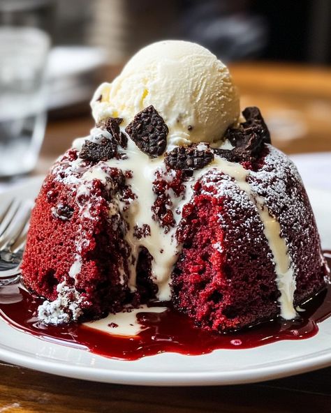 Cookies and Cream Red Velvet Molten Lava Cakes Lava Cake With Ice Cream, Cake With Ice Cream, Lava Cookies, Volcano Cake, Cocoa Powder Cookies, Molten Chocolate Lava Cake, Lava Cake Recipes, Dairy Free Cream, Molten Lava Cakes