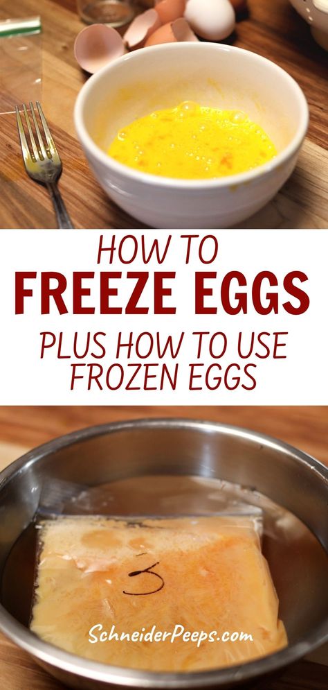 Whenever I'm asked what I do with the extra eggs we get from our hens, I always say that we first freeze enough to make it through the winter. The other person usually looks confused and then says, Can you freeze eggs?Yes, you can freeze eggs. In fact there are several ways of freezing chicken eggs to use later. The great thing is, when frozen and used correctly, frozen eggs don't taste any different than fresh eggs.Use frozen eggs for baking and cooking just as you would fresh eggs. Precooked Meals, How To Freeze Eggs, Eggs In Air Fryer, Can You Freeze Eggs, Frozen Eggs, Freeze Eggs, Freezing Chicken, Egg Bakes, Preparedness Ideas