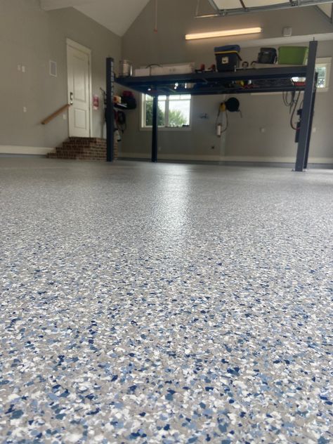 This customer, in Huntersville, NC chose our Stonewash flake blend for their epoxy floor to complement their garage lift and provide a durable, easy to clean surface. For customers that want a touch of blue, but with the flexibility of a predominately gray floor, Stonewash is an excellent flake choice. Epoxy Flake Garage Floor, Garage With Lift, Garage Epoxy Floor, Epoxy Garage Floor, Garage Lift, Garage Floors, Gray Floor, Garage Floor Epoxy, Floor Ideas