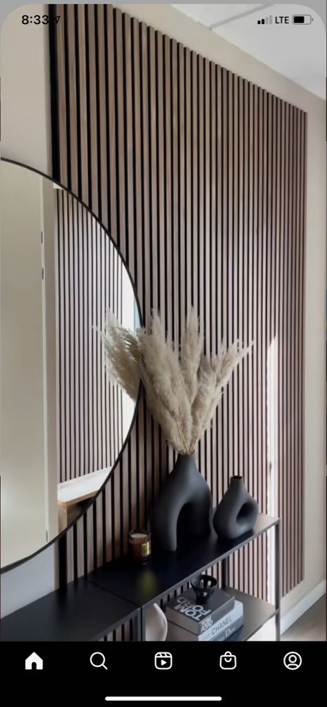 Slat Wall Entry, Accent Wall Entryway, Slate Wall, Timber Slats, Home Hall Design, Wood Slat Wall, Living Wall Decor, Salon Suites, Hallway Designs