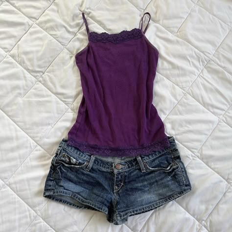 low rise denim shorts abercrombie & fit + purple... - Depop Shorts Outfits 2000s, Denim Shorts Outfit Y2k, Low Rise Jorts Outfit, Y2k Jean Shorts Outfit, Summer Outfits Y2k Shorts, Denim Shorts Outfit Winter, Low Rise Denim Shorts Outfits, Low Rise Shorts Outfits Y2k, Low Rise Jean Shorts Outfit