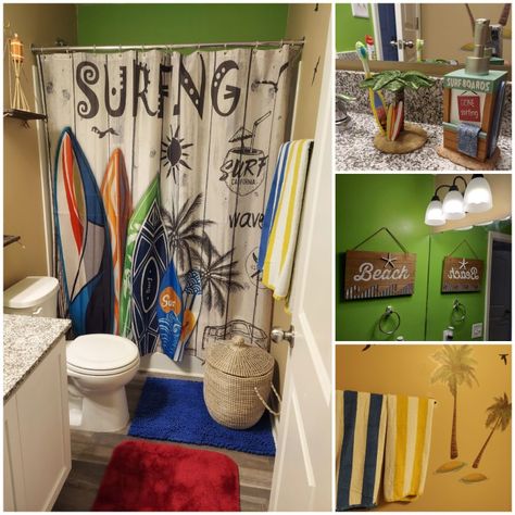 Created a boys bathroom space that was simple and functional with a sufboard theme. The basket keeps towels and wash clothes. Utilized decals for palm tree decor and wooden boards hung from rope for shelves. Mini tiki torches display. Bathroom Decorations, Beach Bathroom, Boys Bathroom, Beach Bathrooms, Beach Theme, Bath Decor, Beach Themes, Surfboard, Beach House