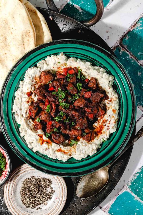 Turkish Ali Nazik (Lamb Stew over Smoked Eggplant) Ground Lamb And Eggplant Recipes, Eggplant Puree, Eggplant Turkish Recipe, Middle Eastern Recipes Arabic Food Lamb, Turkish Eggplant, Smoked Eggplant, Creamy Eggplant, Persian Lamb And Eggplant Stew, Lamb Kebab