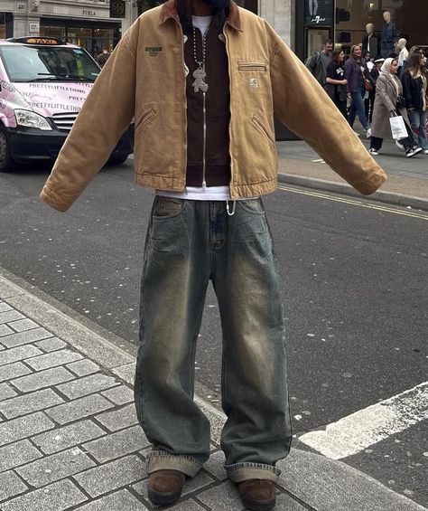 Wide Cargo Pants Outfit Men, Brown Fall Outfits Men, Outfits With Tan Jacket, Dress My Boyfriend Mens Fashion, Mens Outfits Layering, Americore Outfits, Grunge Modern Outfits, Fall Layering Outfits Men, Masc Fall Fits