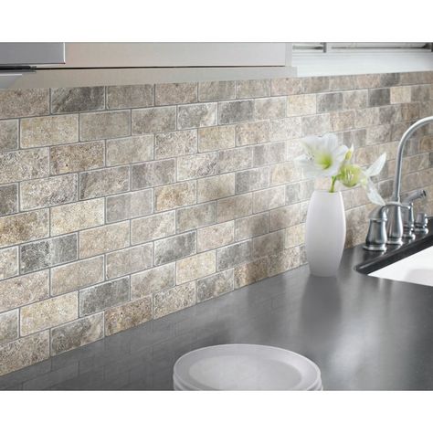 Ivory Travertine Backsplash, Kitchen Tiles Backsplash With Grey Cabinets, Kitchen Backsplash With Tan Cabinets, Farmstyle Backsplash, Kitchen Stone Backsplash Ideas, Exposed Brick Backsplash, Vertical Subway Tile Backsplash, Natural Stone Backsplash Kitchen, Tumbled Stone Backsplash