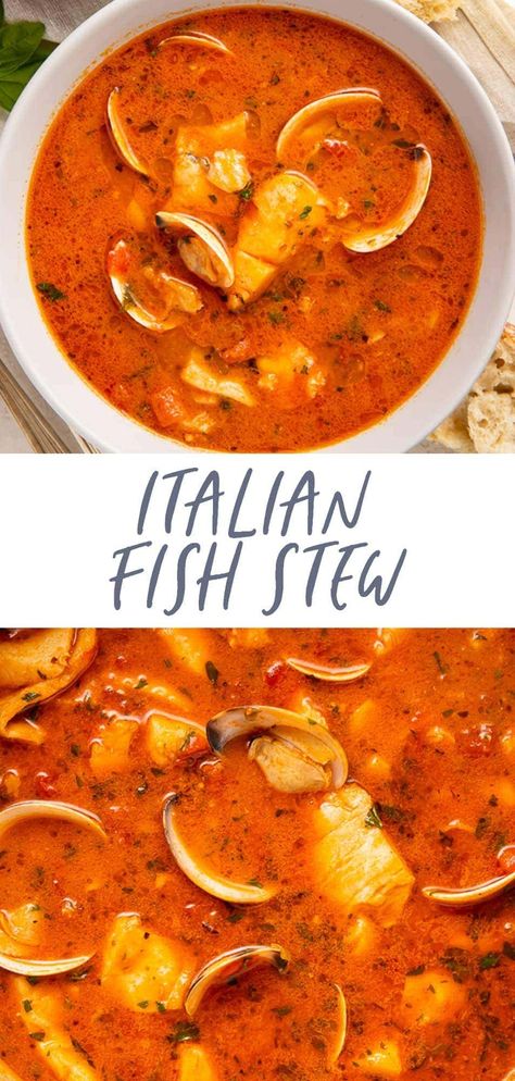 This restaurant-quality Italian fish stew is quick and easy to make but bursting with deliciously authentic Italian flavors. Inspired by one of my favorite dishes in Italy, this surprisingly flavorful fish stew is packed with tender white fish, clams, herbs, and a delicious tomato broth. Authentic Italian Fish Recipes, Italian Fish Stew, Italian Fish, Seafood Stew Recipes, Fish Stew Recipes, Fish Chowder, Tomato Broth, Seafood Stew, Fish Stew