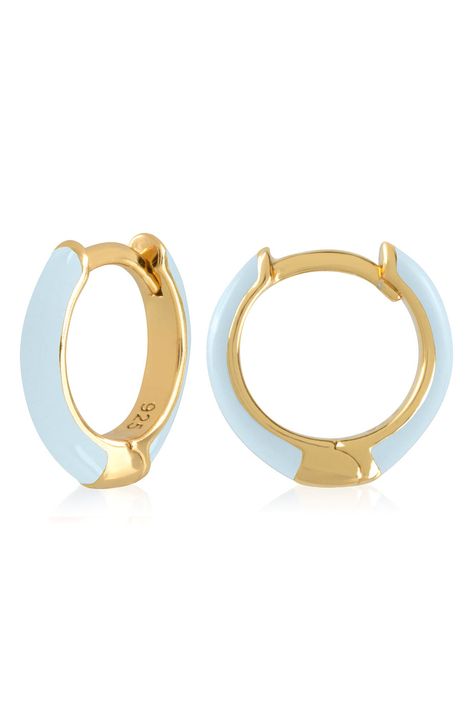 Easy-to-wear hoop earrings will add significant polish to even your most casual ensembles. 1/2" drop; 1/8" width Hinge with snap-post closure Sterling silver with goldtone plate/enamel Imported Vintage Looking Jewelry, Christmas Wishlist Jewelry, Good Jewelry Brands, Christmas Wishlist Items, Greece Jewelry, Light Blue Earrings, Blue Enamel Earrings, Jewelry Closet, Dream Wishlist