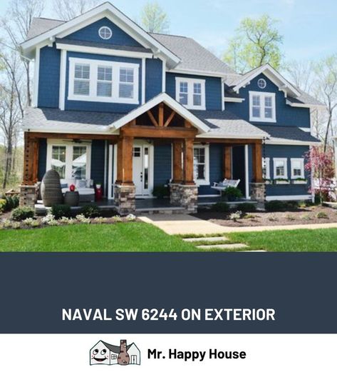 home with Sherwin Williams Naval paint color on the exterior siding Sherwin Williams Blue Exterior House, Blue Wood Siding Exterior, Naval Exterior House, Navy Siding With Brick, Navy Blue And Brick House Exterior, Sherwin Williams Blue Exterior, Navy Blue Farmhouse Exterior, Navy Houses Exterior, Naval Sherwin Williams Exterior