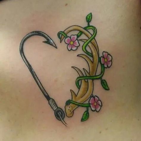 Memorial tattoo deer antler fishing hook flowers tattoo by Pam Worm Business, Tattoo Deer, Antler Tattoos, Grandparents Tattoo, Antler Tattoo, Fishing Hook Tattoo, Hook Tattoos, Hunting Tattoos, Country Tattoos