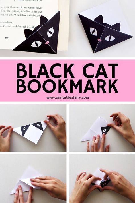 Cat and book lover? This origami craft is right for you! Make this Cat corner bookmarks following these simple steps #catcrafts #craftsforkids #kidscrafts Age Chat, Origami Bookmark Corner, Cat And Book, Bookmark Corner, Easy Craft For Kids, Cat Corner, Cat Bookmark, Origami Bookmarks, Origami Ball