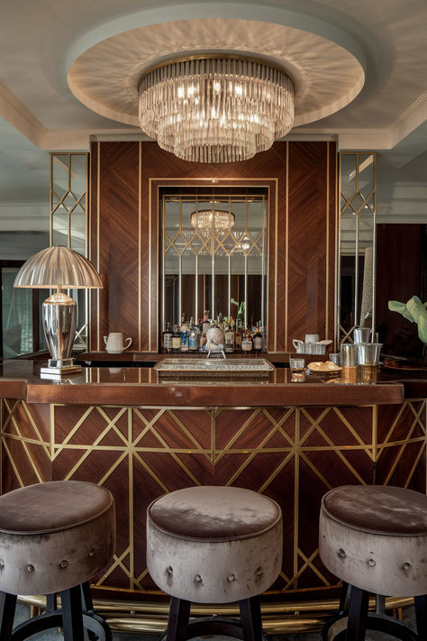 18 Refreshing Wet Bar Ideas You'll Get Thirsty For Art Deco Bar Design, Modern Wet Bar, Wet Bar Ideas, Sink Plumbing, Deco Bar, Recessed Panel Cabinets, Art Deco Bar, Beverage Center, Dry Bar