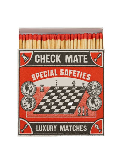 A matchbox with vintage charm, this square box is filled with 100 wooden safety matches with a triumphant victory in chess ending in the king is dead declaration, "Check Mate". Chess Match, The Archivist, Vintage Windmills, Check Mate, Matchbox Art, Safety Matches, Practical Gifts, Box Art, Bar Design