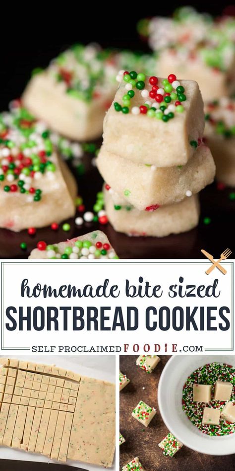 Shortbread Cookie Bites are a fun bite sized sweet treat that can be made for any birthday or holiday by customizing the fun sprinkles you choose! Shortbread Cookie Bites, Shortbread Bites, Shortbread Cookies Recipe, Homemade Shortbread, Shortbread Cookies Christmas, Shortbread Cookies Easy, Xmas Baking, Cookie Bites, Christmas Shortbread